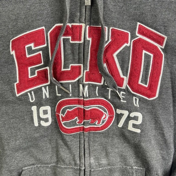 Vintage Y2K Ecko UNLTD Hoodie Mens Size Small Gray/Red Spell Out Rhino Logo 1972 - Picture 3 of 16
